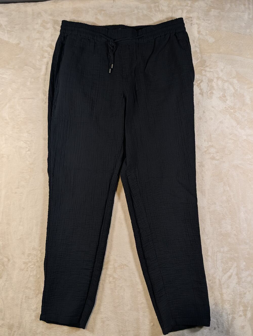 Eileen Fisher Organic Cotton Gauze Elastic Waist Drawstring Pants Black Medium